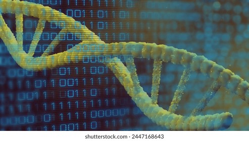 Image of binary coding data processing over dna strand spinning. Global science, data processing, connections and cloud computing concept digitally generated image.