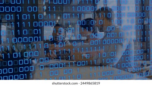 Image of binary coding and data processing over business people working in office. Global business, finance and data processing concept digitally generated image.