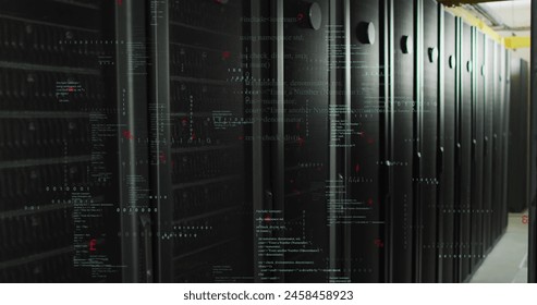 Image of binary coding data processing and symbols against computer server room. Computer interface and business data storage technology concept