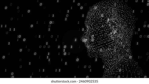 Image of binary coding and data processing over human head. Global science, research, digital interface and data processing concept digitally generated image.