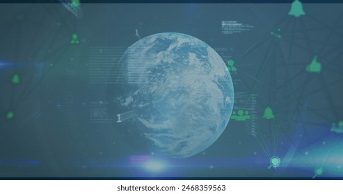 Image of binary coding and data processing over globe. Global computing, networks, connections and data processing concept digitally generated image.