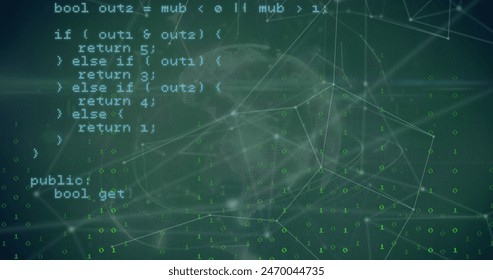 Image of binary coding and data processing over globe of plexus networks on green background. Global networking and business technology concept