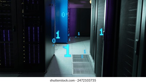 Image of binary coding data processing against computer server room. Computer interface and business data storage technology concept