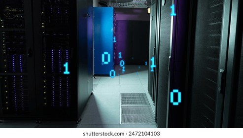 Image of binary coding data processing against computer server room. Computer interface and business data storage technology concept