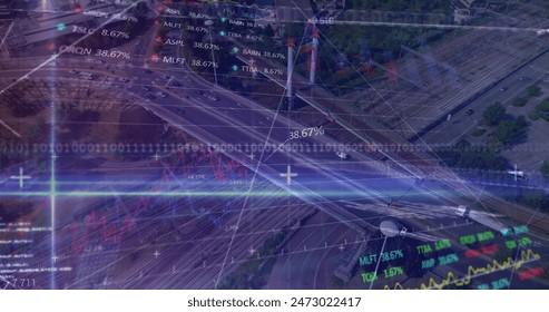 Image of binary coding and data processing over grid. Global farming business digital interface technology and networking concept digitally generated image.