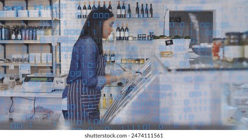 Image of binary coding data processing over woman working in shop. Global shopping, business, finance, computing and data processing concept digitally generated image.