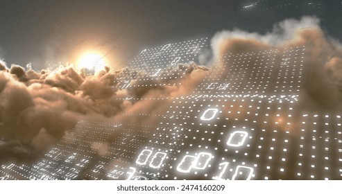 Image of binary coding data processing against clouds and shining sun in the sky. Computer interface and cloud data storage technology concept