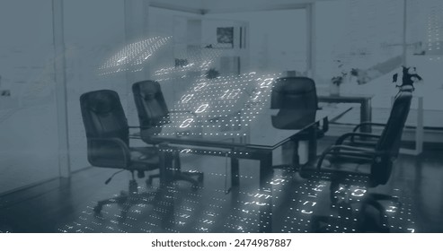 Image of binary coding data processing against empty office. Computer interface and business technology concept