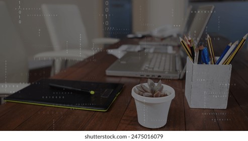 Image of binary coding data processing against close up of equipment on office desk. Computer interface and business technology concept