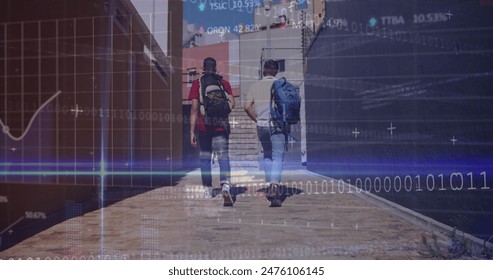 Image of binary coding and data processing over men walking in street. Global business, finances, computing and data processing concept digitally generated image.