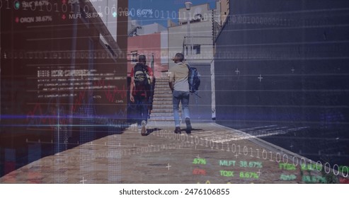 Image of binary coding and data processing over men walking in street. Global business, finances, computing and data processing concept digitally generated image.