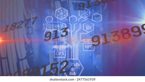 Image of binary coding data processing over server rack. technology networks entertainment and digital interface concept digitally generated image.