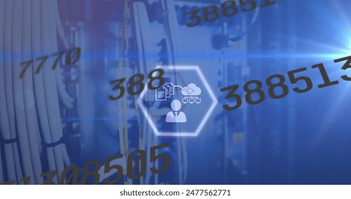 Image of binary coding data processing over server rack. technology networks entertainment and digital interface concept digitally generated image.