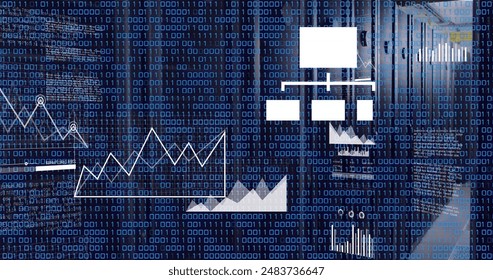 Image of binary coding and data processing against computer server room. Computer interface and business data storage technology concept