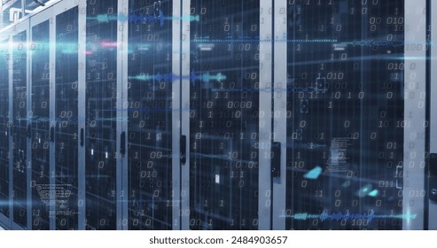 Image of binary coding data processing over computer servers. Global computing and data processing concept digitally generated image. - Powered by Shutterstock - Get 15% off with code: PIKWIZARD15