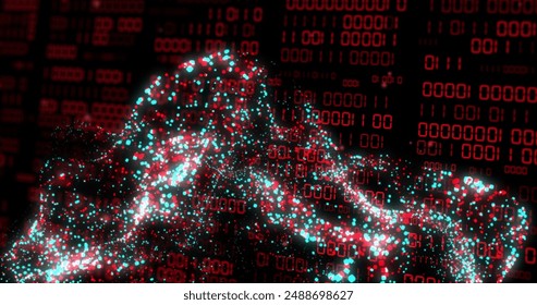 Image of binary coding and data processing over dark background. Global artificial intelligence, connections, computing and data processing concept digitally generated image.