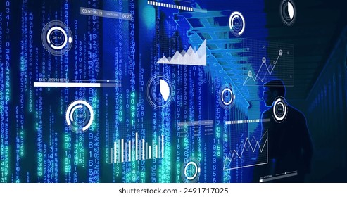 Image of binary coding data processing with caucasian male it technician by computer servers. Global computing, digital interface and data processing concept digitally generated image.
