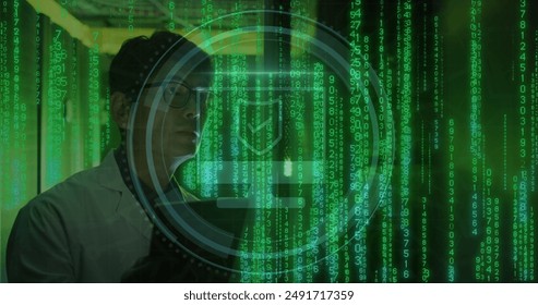 Image of binary coding data processing with asian male it technician by computer servers. Global computing, digital interface and data processing concept digitally generated image. - Powered by Shutterstock - Get 15% off with code: PIKWIZARD15