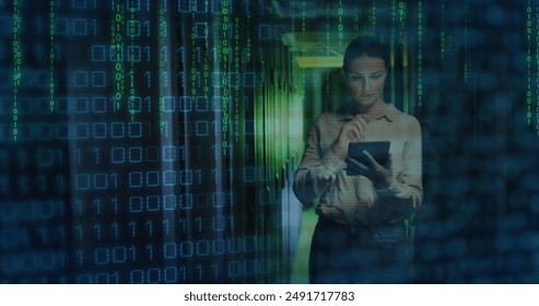 Image of binary coding data processing with caucasian female it technician by computer servers. Global computing, digital interface and data processing concept digitally generated image. - Powered by Shutterstock