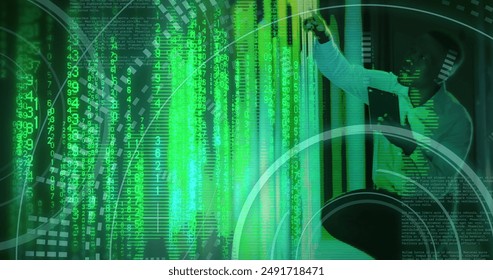 Image of binary coding data processing with african american it technician by computer servers. Global computing, digital interface and data processing concept digitally generated image.