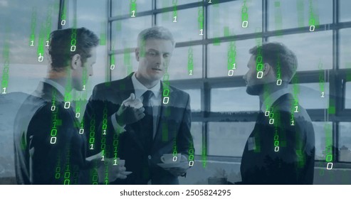 Image of binary coding data processing over diverse business people in office. Global finance, business, connections, computing and data processing concept digitally generated image.