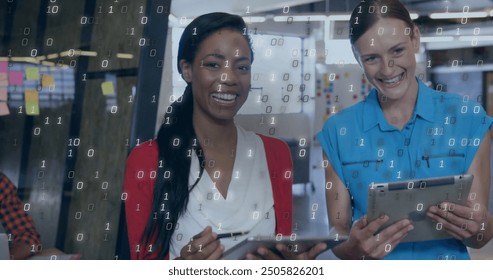 Image of binary coding data processing over diverse business people in office. Global finance, business, connections, computing and data processing concept digitally generated image.