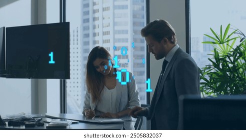 Image of binary coding data processing over diverse business people in office. Global finance, business, connections, computing and data processing concept digitally generated image.