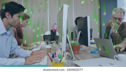 Image of binary coding data processing over diverse business people in office. Global finance, business, connections, computing and data processing concept digitally generated image.