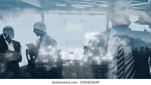 Image of binary coding data processing over diverse business people in office. Global finance, business, connections, computing and data processing concept digitally generated image.