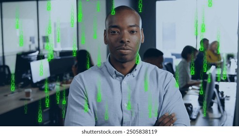 Image of binary coding data processing over diverse business people in office. Global finance, business, connections, computing and data processing concept digitally generated image.