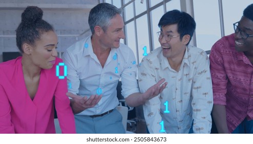 Image of binary coding data processing over diverse business people in office. Global finance, business, connections, computing and data processing concept digitally generated image.