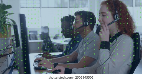 Image of binary coding data processing over diverse business people in office. Global finance, business, connections, computing and data processing concept digitally generated image.