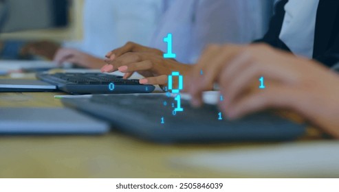 Image of binary coding data processing over diverse business people using computers. Global finance, business, connections, computing and data processing concept digitally generated image.