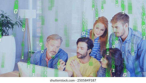 Image of binary coding data processing over diverse business people in office. Global finance, business, connections, computing and data processing concept digitally generated image.