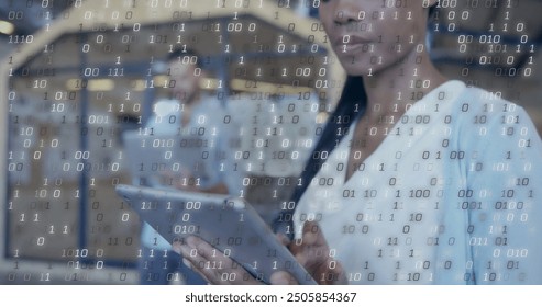 Image of binary coding data processing over diverse business people in office. Global finance, business, connections, computing and data processing concept digitally generated image.
