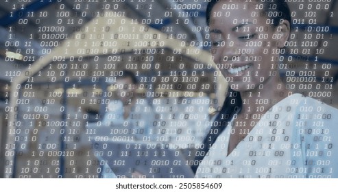 Image of binary coding data processing over diverse business people in office. Global finance, business, connections, computing and data processing concept digitally generated image.