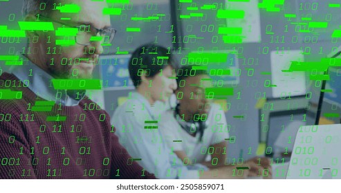 Image of binary coding data processing over diverse business people in office. Global finance, business, connections, computing and data processing concept digitally generated image.