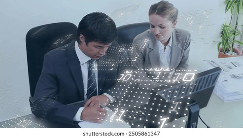 Image of binary coding data processing over diverse business people in office. Global finance, business, connections, computing and data processing concept digitally generated image.