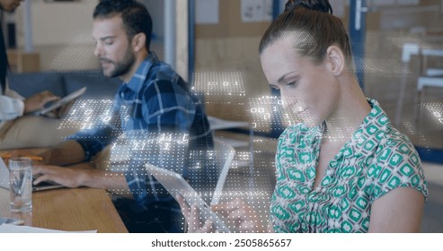 Image of binary coding data processing over diverse business people in office. Global finance, business, connections, computing and data processing concept digitally generated image.