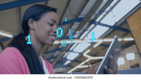 Image of binary coding data processing over diverse business people in office. Global finance, business, connections, computing and data processing concept digitally generated image.