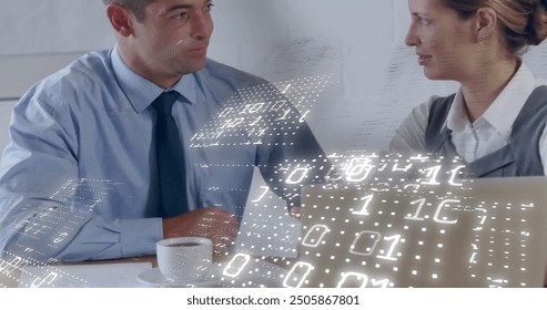 Image of binary coding data processing over diverse business people in office. Global finance, business, connections, computing and data processing concept digitally generated image.