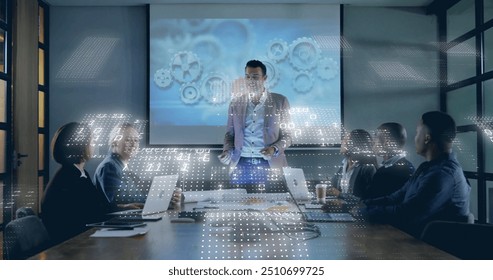 Image of binary coding data processing over diverse business people in office. Global finance, business, connections, computing and data processing concept digitally generated image.