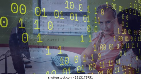 Image of binary coding and data processing against two diverse girls using computer at school. School and education technology concept
