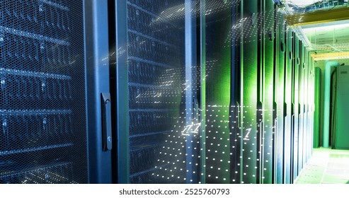 Image of binary coding data processing against computer server room. Computer interface and business data storage technology concept