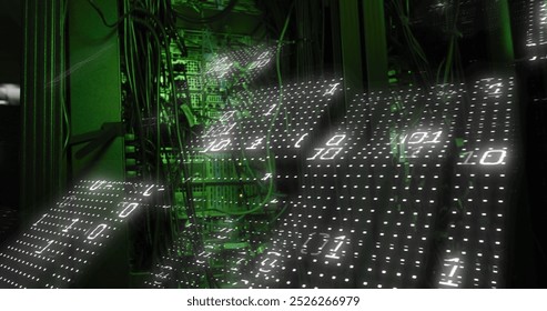 Image of binary coding and data processing over computer servers. Global computing, connections, digital interface and data processing concept digitally generated image.