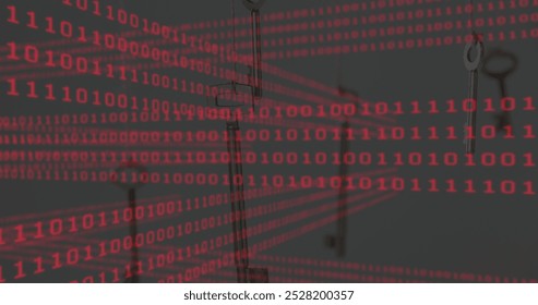 Image of binary coding data processing over scope scanning. Global technology computing and digital interface concept digitally generated image.