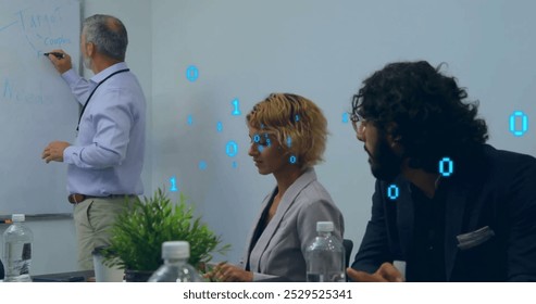 Image of binary coding data processing over diverse business people in office. Global business, finance, connections, computing and data processing concept digitally generated image.