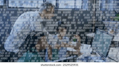 Image of binary coding data processing over diverse business people in office. Global business, finance, connections, computing and data processing concept digitally generated image.