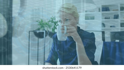 Image of binary coding data processing over woman drinking coffee at home. Business data technology concept