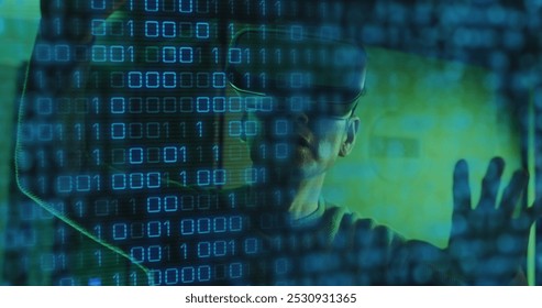 Image of binary coding data processing over asian male it engineer in vr headset. Global data processing, servers and cloud computing concept digitally generated image.